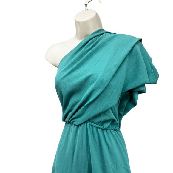 Tyche Grecian Goddess Maxi Dress Teal Draped One Shoulder Formal Gown Size L - Picture 3 of 12